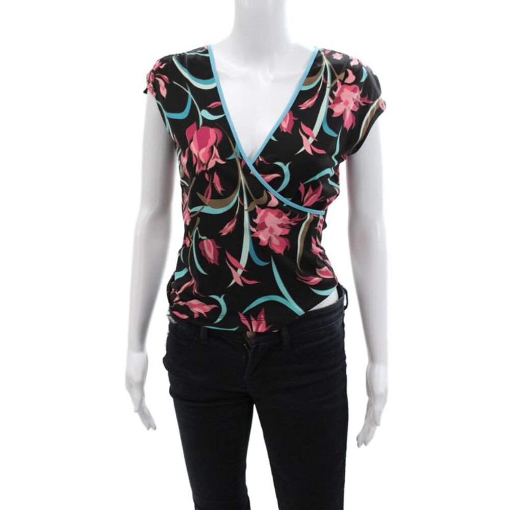 BCBG Max Azria Womens Split Shoulder Detail V-Neck Floral Blouse Black Size S